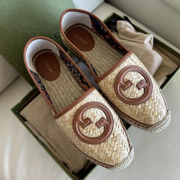 NEW GUCCI || Adela GG Raffia Espadrilles Brown Leather Logo EU 39 US 9 Shoes - Picture 4 of 11